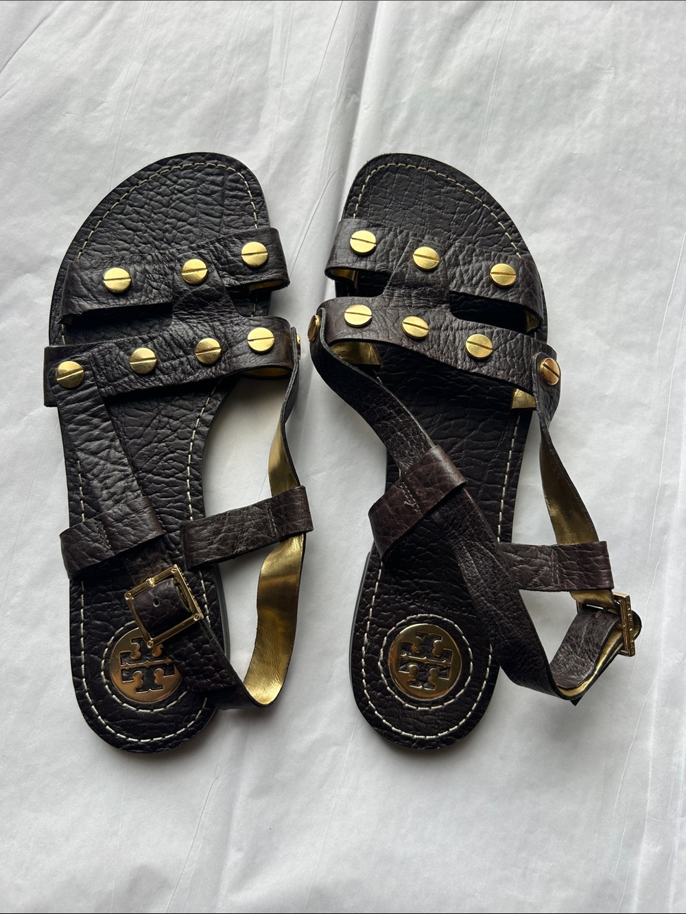 Tory Burch Dark Brown Leather Studded Gladiator Sandals with Gold Accents